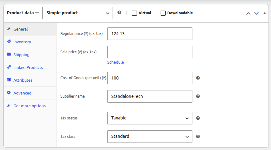 Cost of goods field on the WooCommerce product edit screen