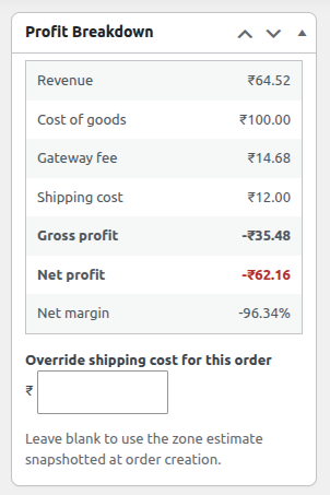 Per-order profit breakdown with COGS, gateway fee and shipping cost