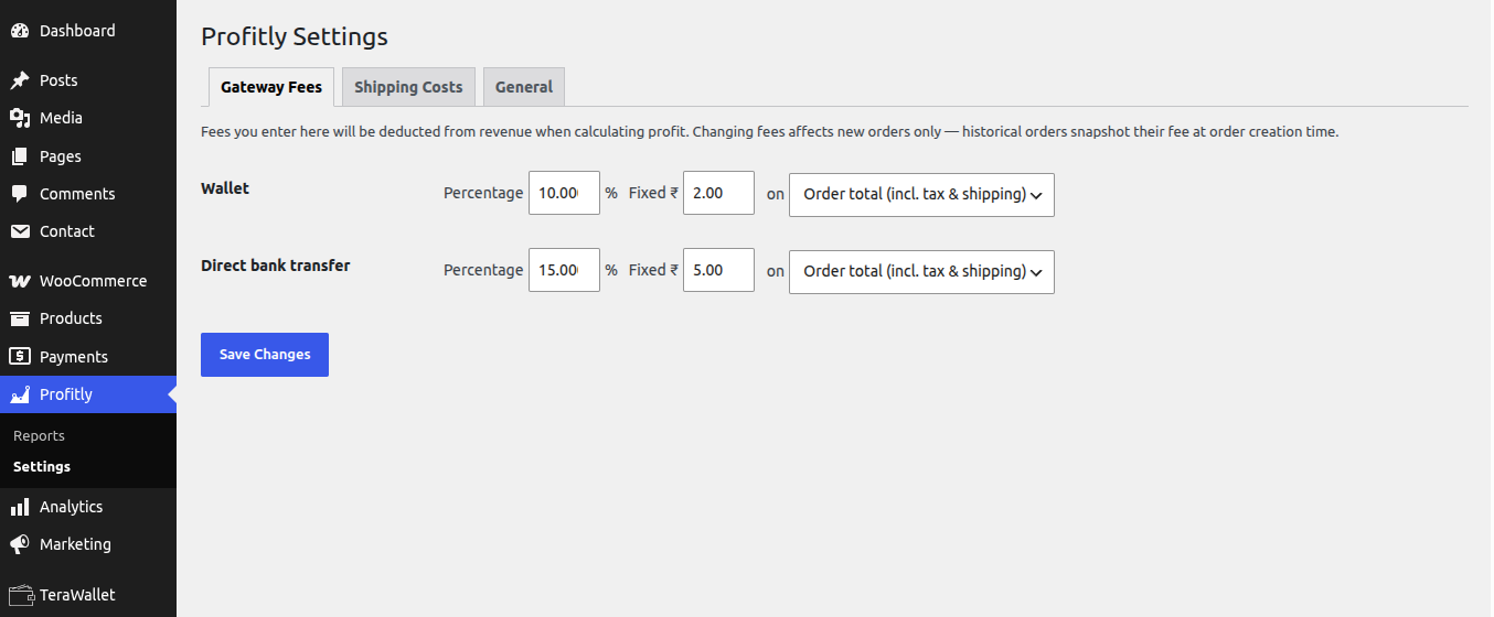 Profitly settings for payment gateway fees and shipping cost model