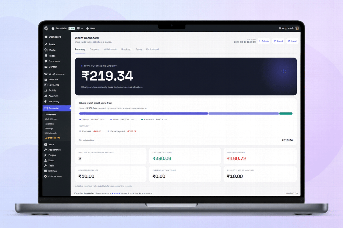 Wallet Dashboard summary showing total outstanding wallet liability, where wallet credit came from, and the breakage, expiring and expired tiles