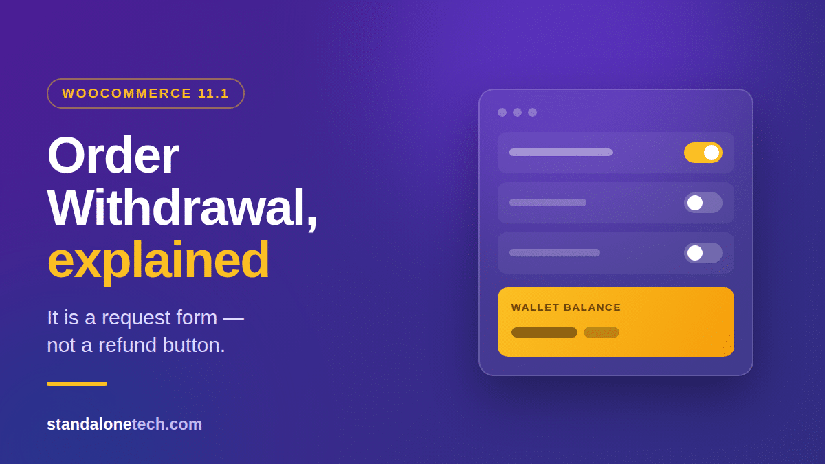 WooCommerce order withdrawal settings toggle with a store credit wallet card